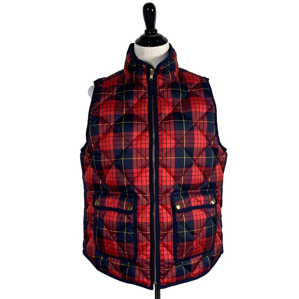 J.Crew Excursion Tartan Plaid Down Filled Puffer Vest Red Navy Gold Size L